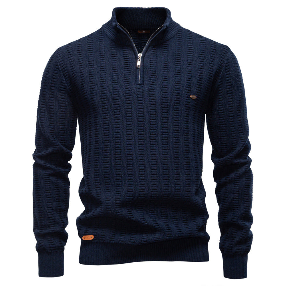 Mens Striped Jacquard Sweater With Half Zip And Stand Collar