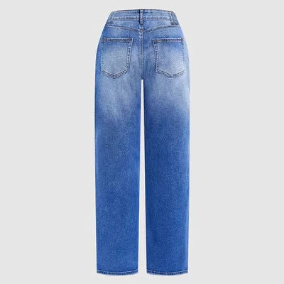 Womens Washed Blue Wide-Leg Denim Jeans American-Style High Waist