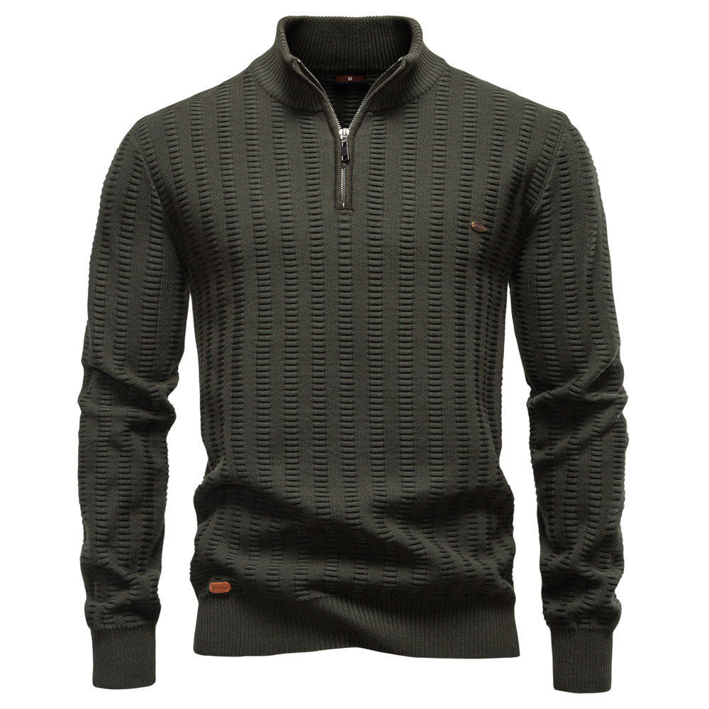 Mens Striped Jacquard Sweater With Half Zip And Stand Collar