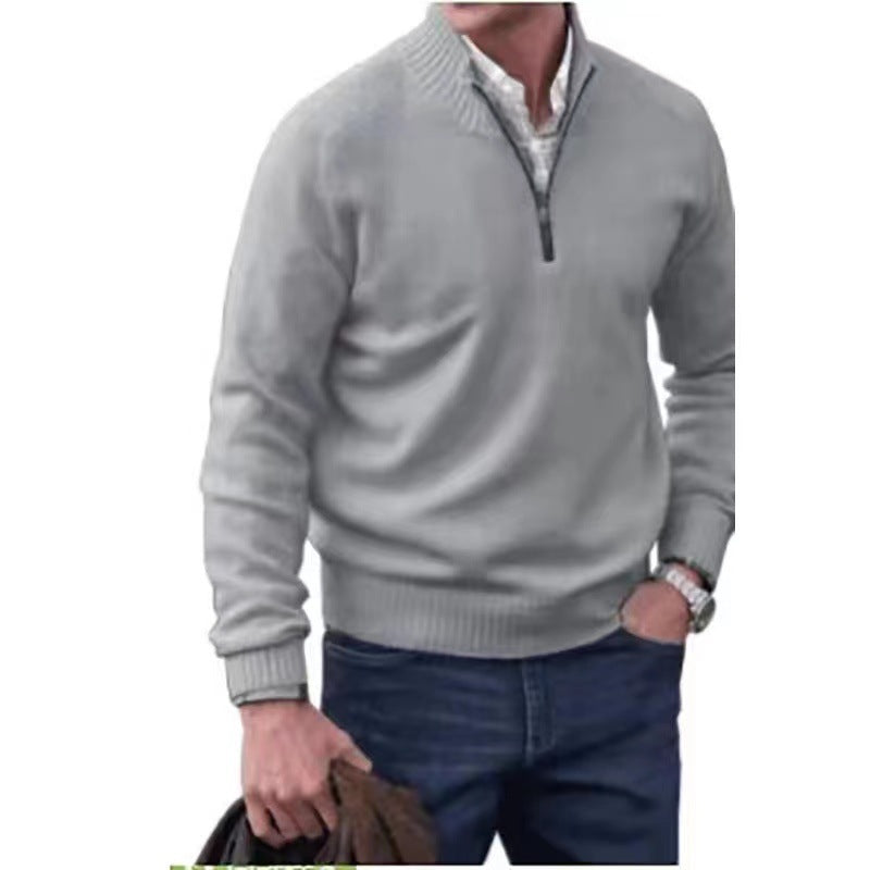 Men's Pullover Sweater Fashion Zipper Stand Collar Knitted Top Casual Solid Color Sweatshirt Clothing