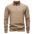 Mens Striped Jacquard Sweater With Half Zip And Stand Collar