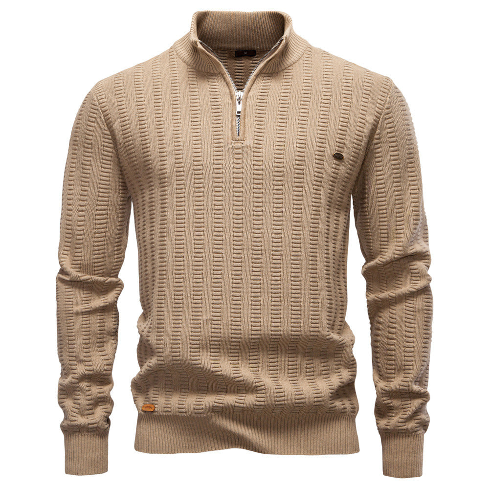 Mens Striped Jacquard Sweater With Half Zip And Stand Collar