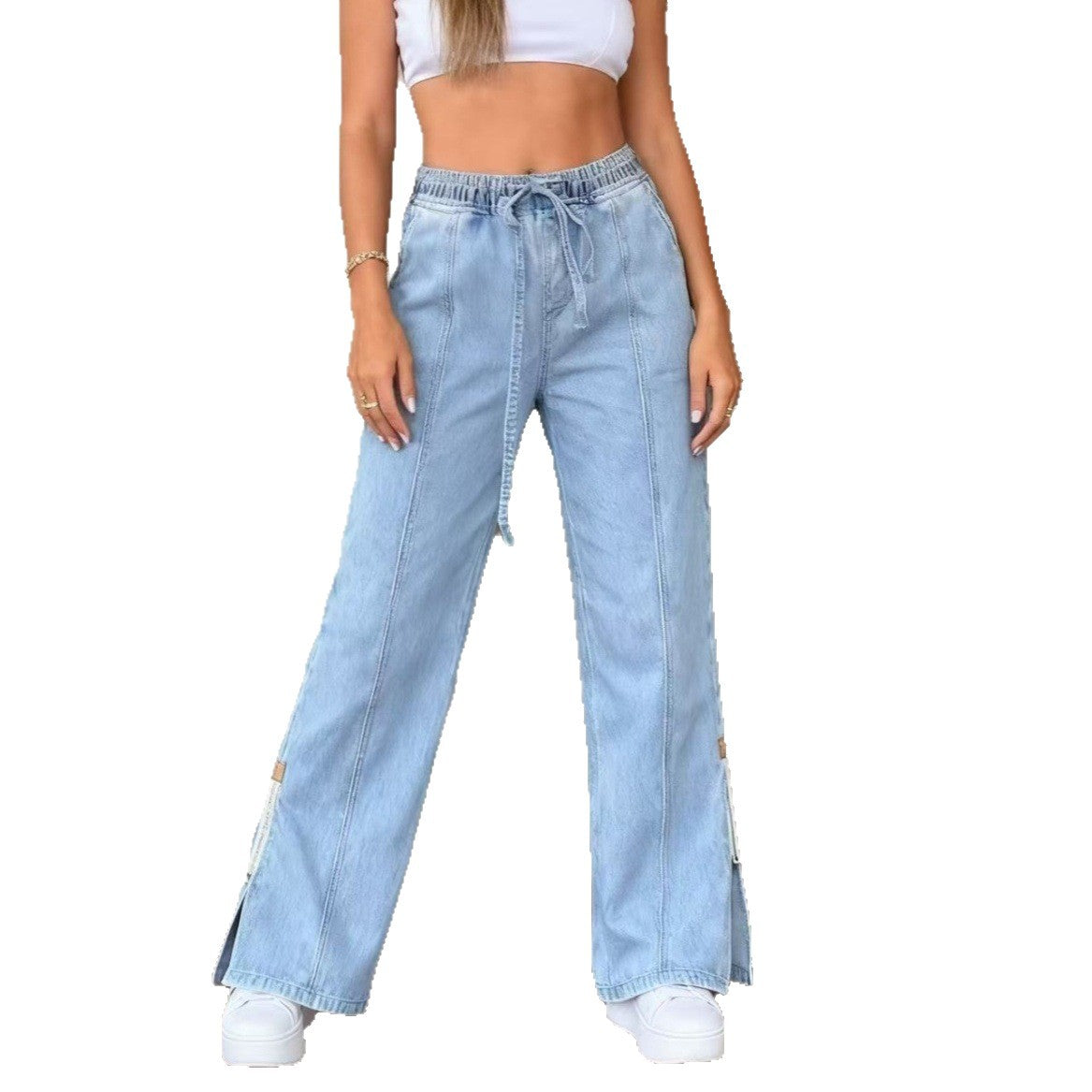 Loose-fit Denim Jeans With A Slit And Elastic Waist
