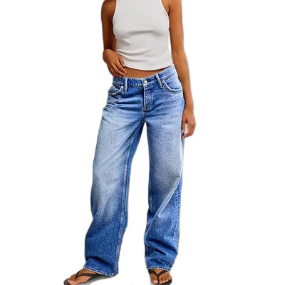 Womens Washed Blue Wide-Leg Denim Jeans American-Style High Waist